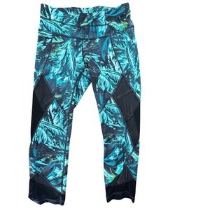 Athleta Sonar Leggings Womens Small Teal Tropical Palm Mesh Crop High Rise Gym